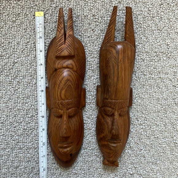 Indonesian Bali Handcrafted Wood Tiki Face Mask Wall Decor Set of 2 - Picture 3 of 5